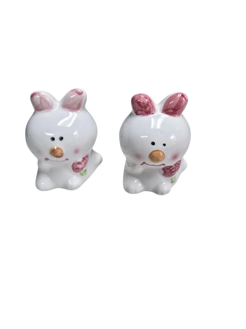Vintage Ceramic Bunny Rabbit Salt & Pepper Shakers Pink Ears Easter Decor